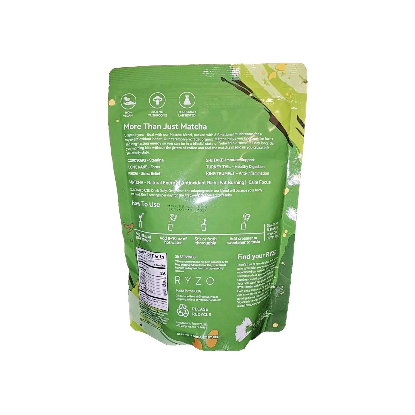 Ryze Organic Mushroom Matcha - 30 Servings, 6.34 Oz