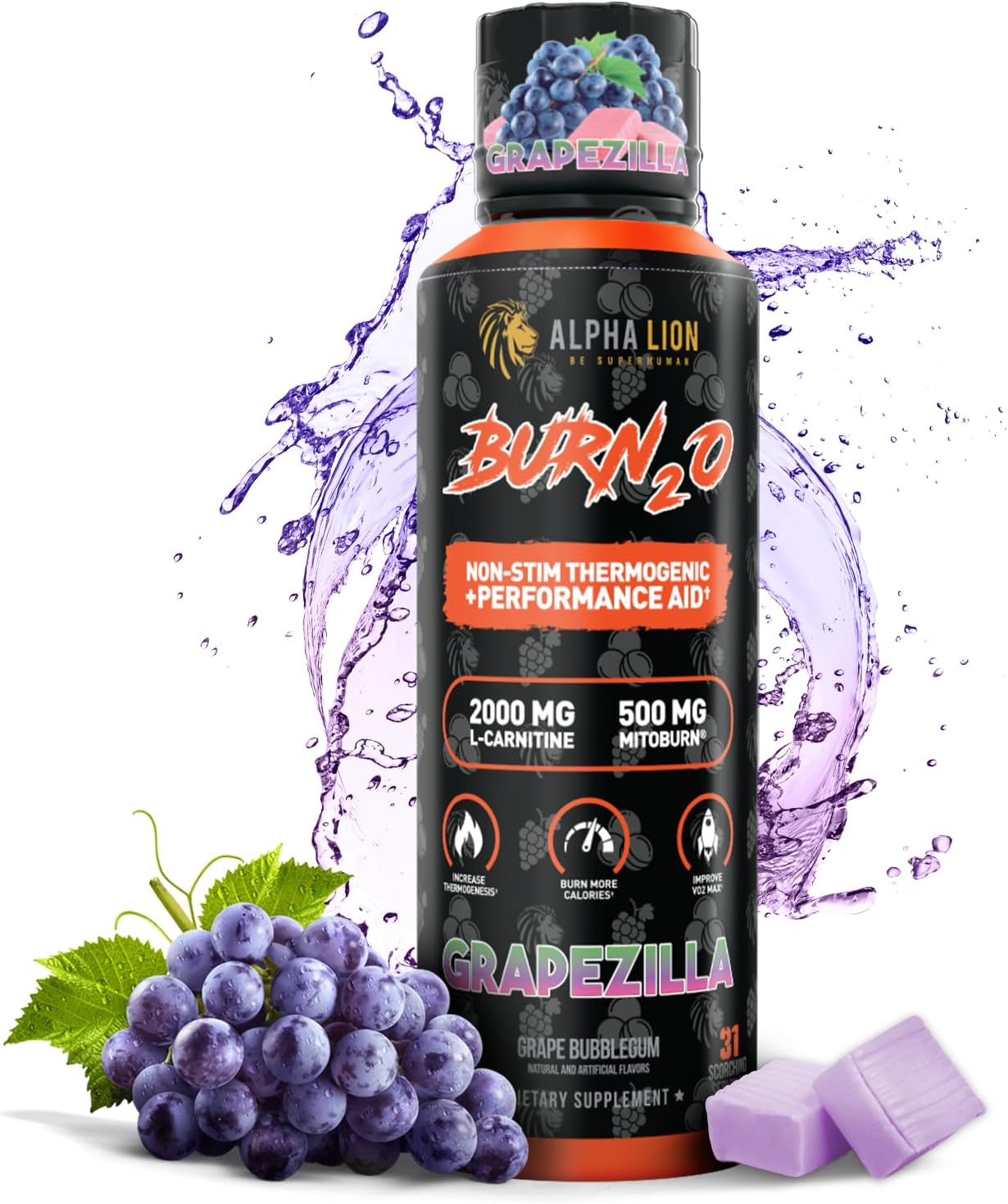 Alpha Lion Burn2O 2000Mg – Stim Free Super Thermogenic Fat Burner Sugar-Free (31 Servings, Grapezilla Flavor)