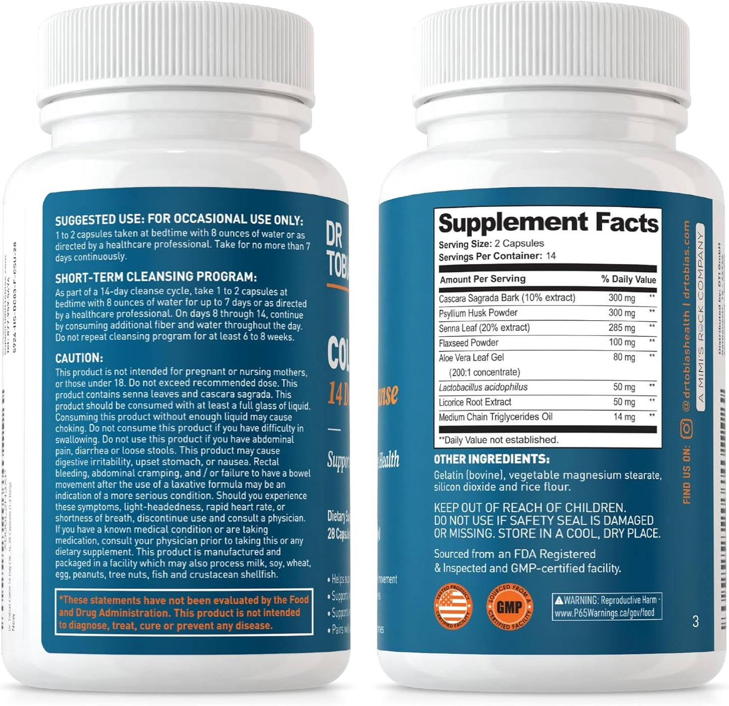 Colon 14 Day Cleanse, Advanced Gut Cleanse Detox - 2 Bottles of 28 Capsules (1-2 Daily) Dr. Tobias Colon