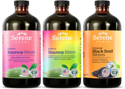 Three Pack Bundle Serene Soursop, Mixed Berries & Black Seed Bitters Bundle – 32 Oz (16 Oz Each), 64 Servings