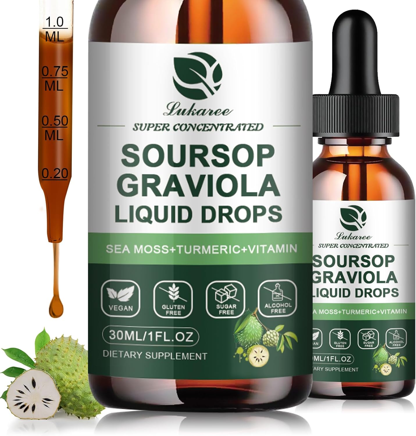 Lukaree Soursop Graviola Leaf Extract Liquid Drop plus Pure Sea Moss - 1 Fl Oz (2 Pack)