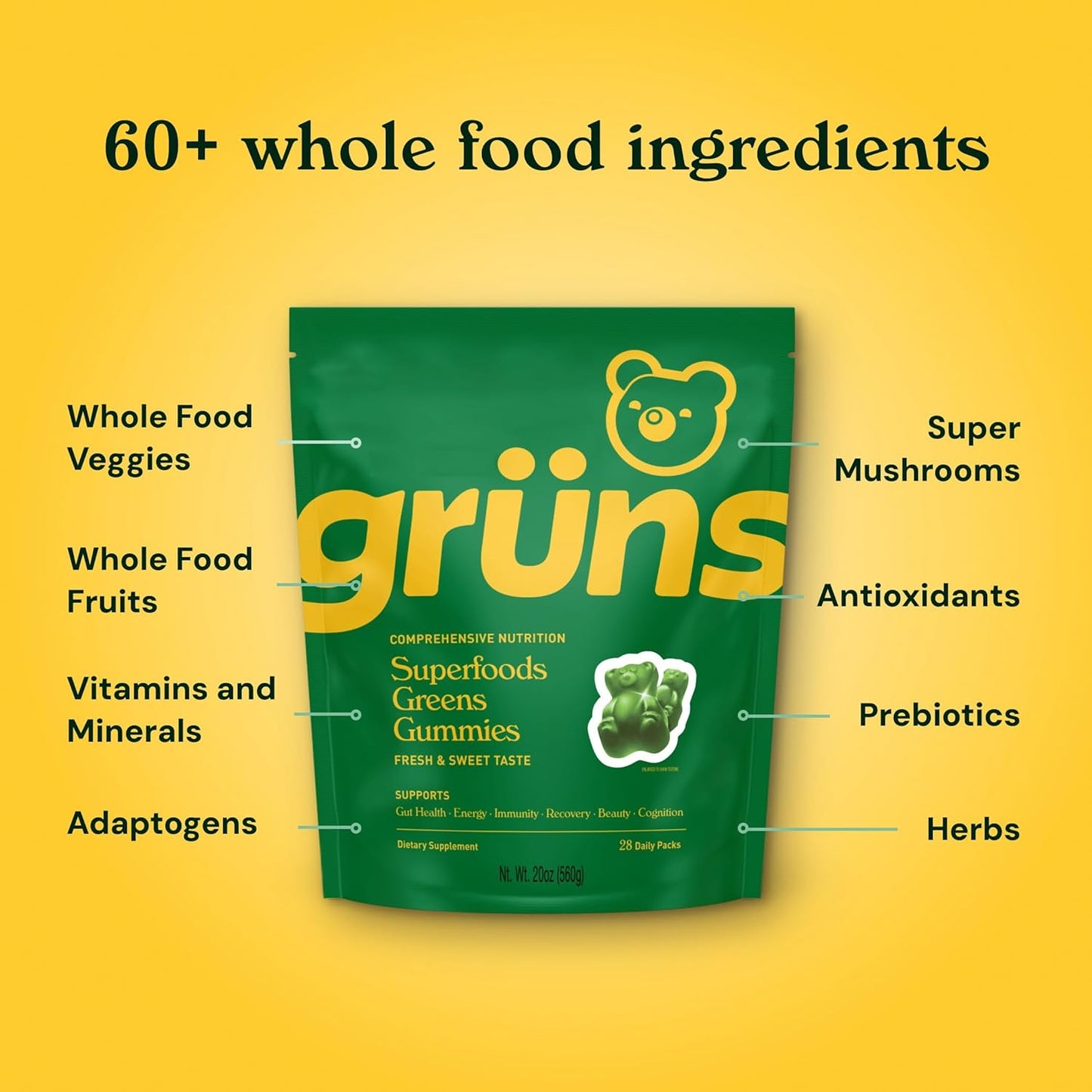 Gruns Adults Super Greens Gummies with Spirulina, Chlorella & Prebiotics for Digestive Health - Low Sugar