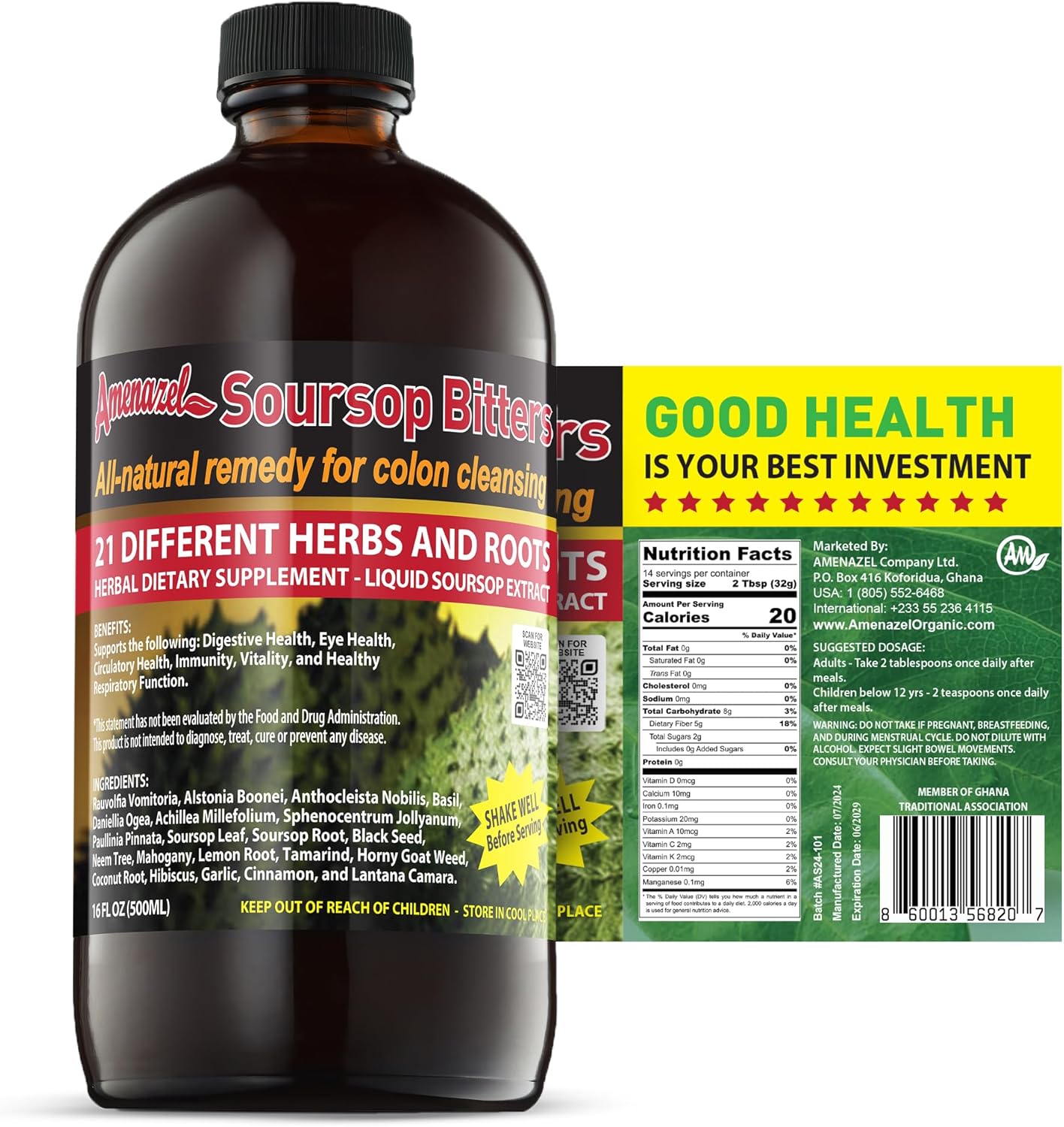 Amenazel Organic Soursop Bitters, 16 Fl Oz-All Natural Remedy For Colon Cleansing-21 Different Herbs and Roots 