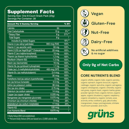 Gruns Adults Super Greens Gummies with Spirulina, Chlorella & Prebiotics for Digestive Health - Low Sugar