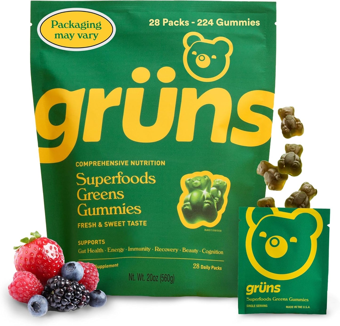 Gruns Adults Super Greens Gummies with Spirulina, Chlorella & Prebiotics for Digestive Health - Low Sugar