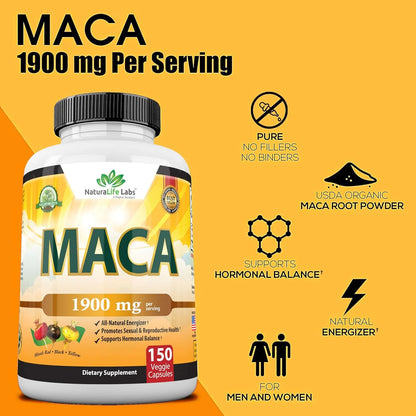 Naturalife Labs Organic Maca Root 1900 MG per Serving - 150 Vegan Capsules