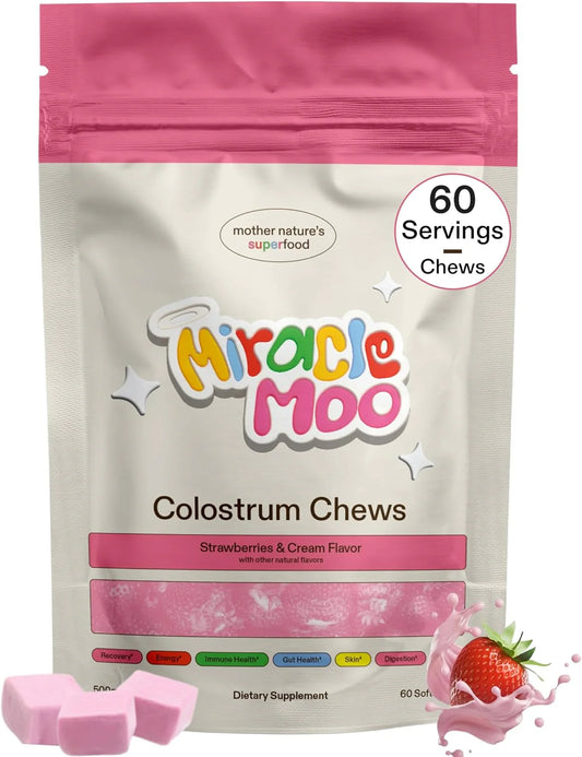 Miracle Moo Colostrum Chews Supplement - Grass Fed Bovine Powder - Strawberry Flavor (60 Servings)