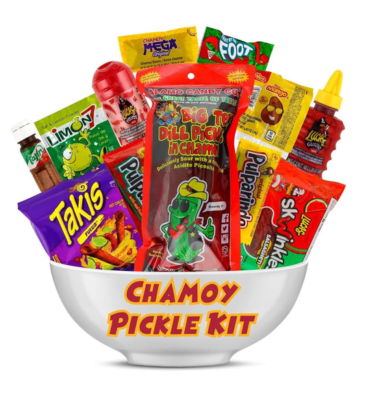 Original Chamoy Pickle Kit - Tiktok Trend, Includes Alamo Dill Pickle, Baby Lucas, Lucas Gusano, Skwinkles Salsaghetti, Tajin & Pulparindo